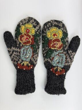 Windhorse Hand Knitted Wool Mittens Gray Nordic Fair Isle Floral Fleece Lined